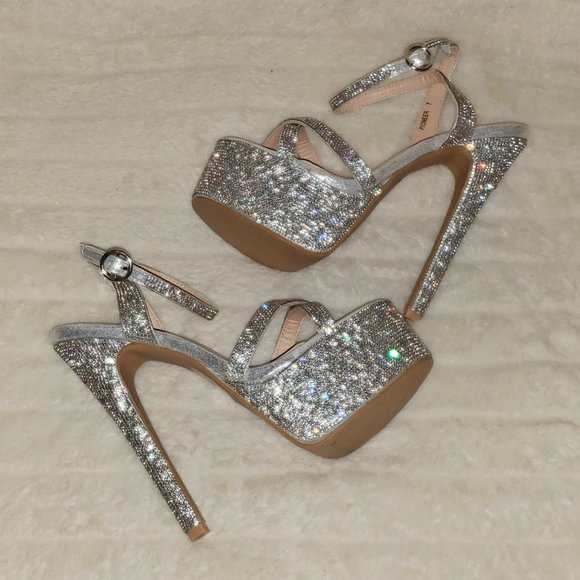 Bejeweled Pandora Silver Rhinestone Platform 6.5" Heels Defects - Picture 4 of 17